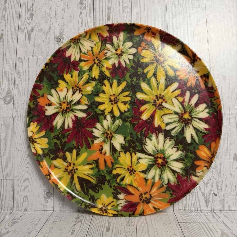 Vintage MCM Fiberglass 13" Tray Floral‎ Serving '60s Flowers Power Red